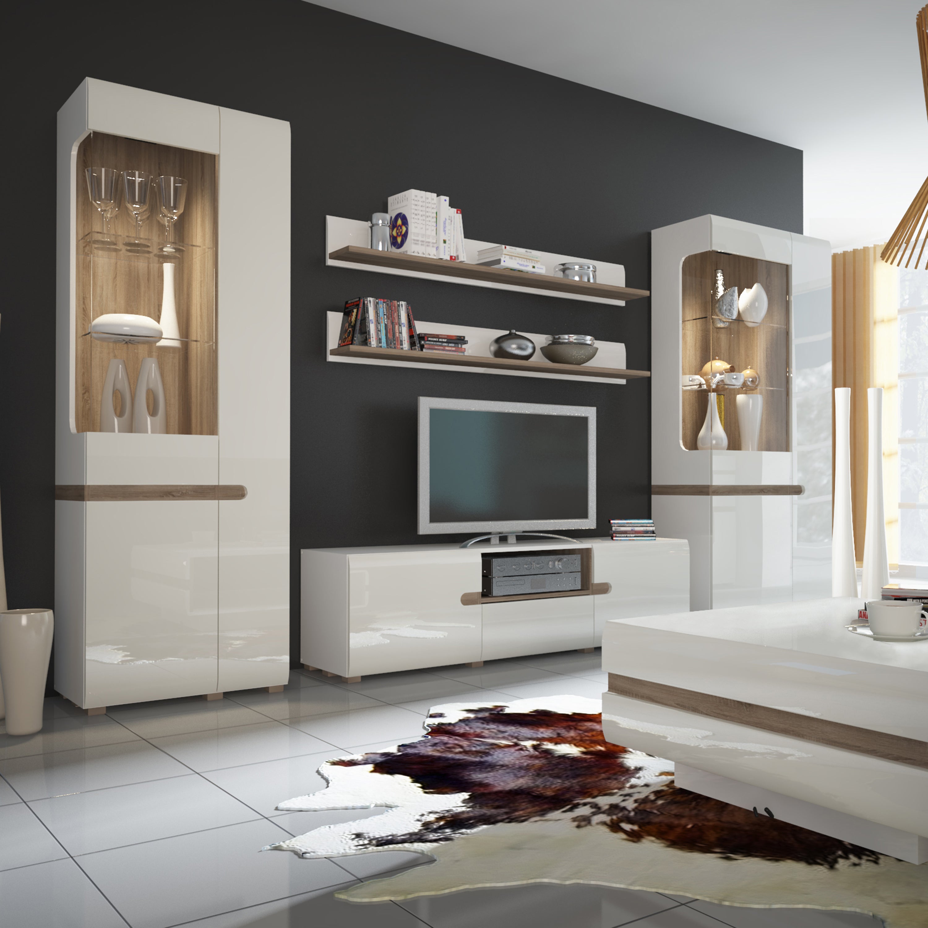 Chelsea Living Tall Glazed Narrow Display Unit (RHD) in White with a Truffle Oak Trim