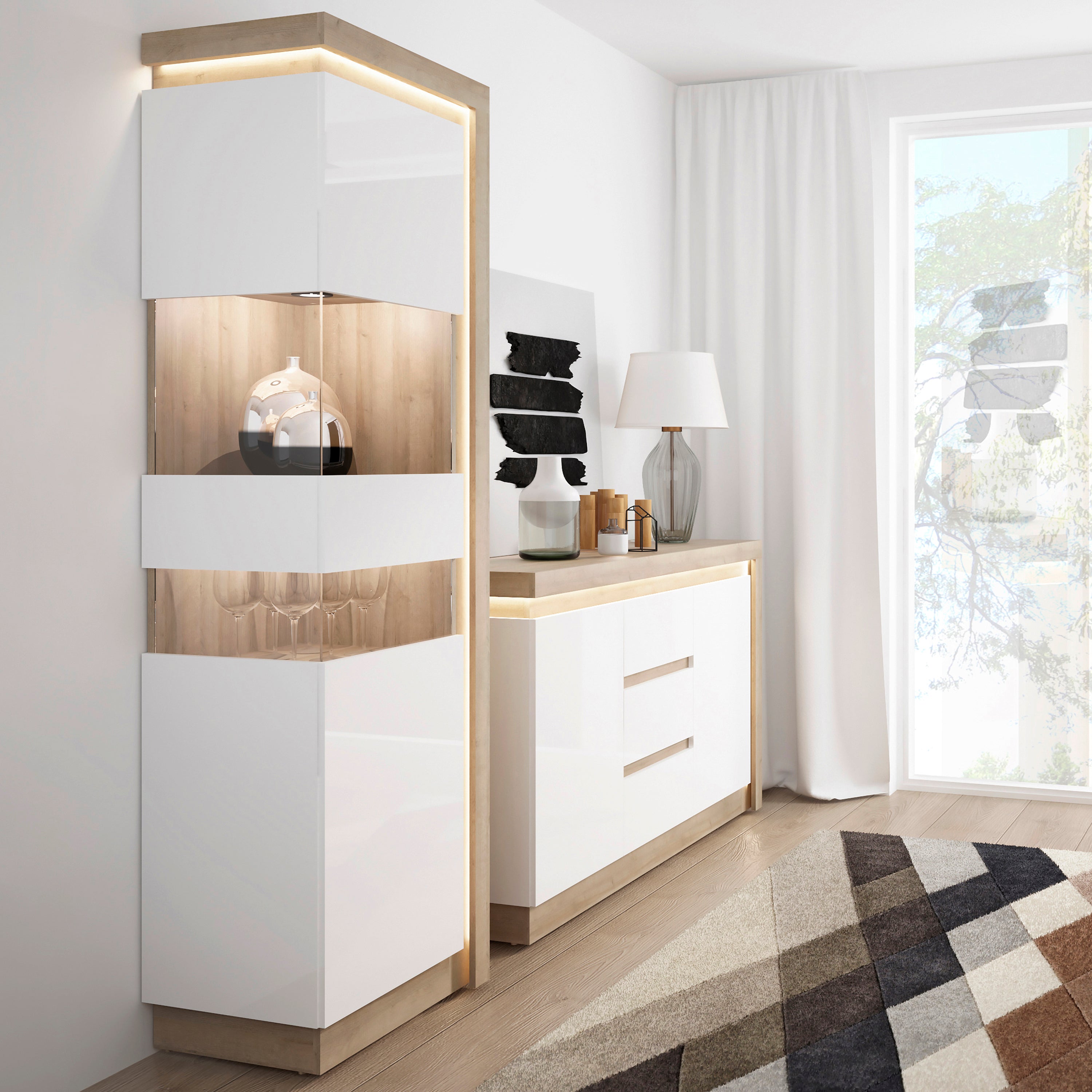 Lyon Tall Narrow Display Cabinet (LHD) in Riviera Oak/White High Gloss