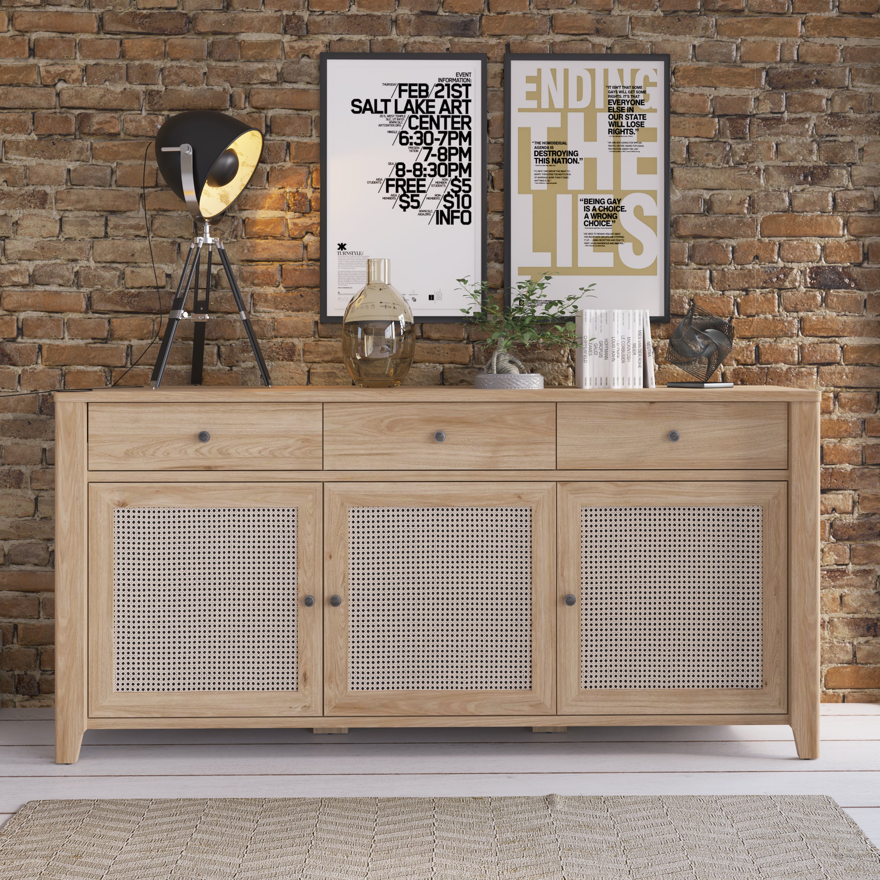 Cestino 3 Door 3 Drawer Sideboard in Jackson Hickory Oak and Rattan Effect