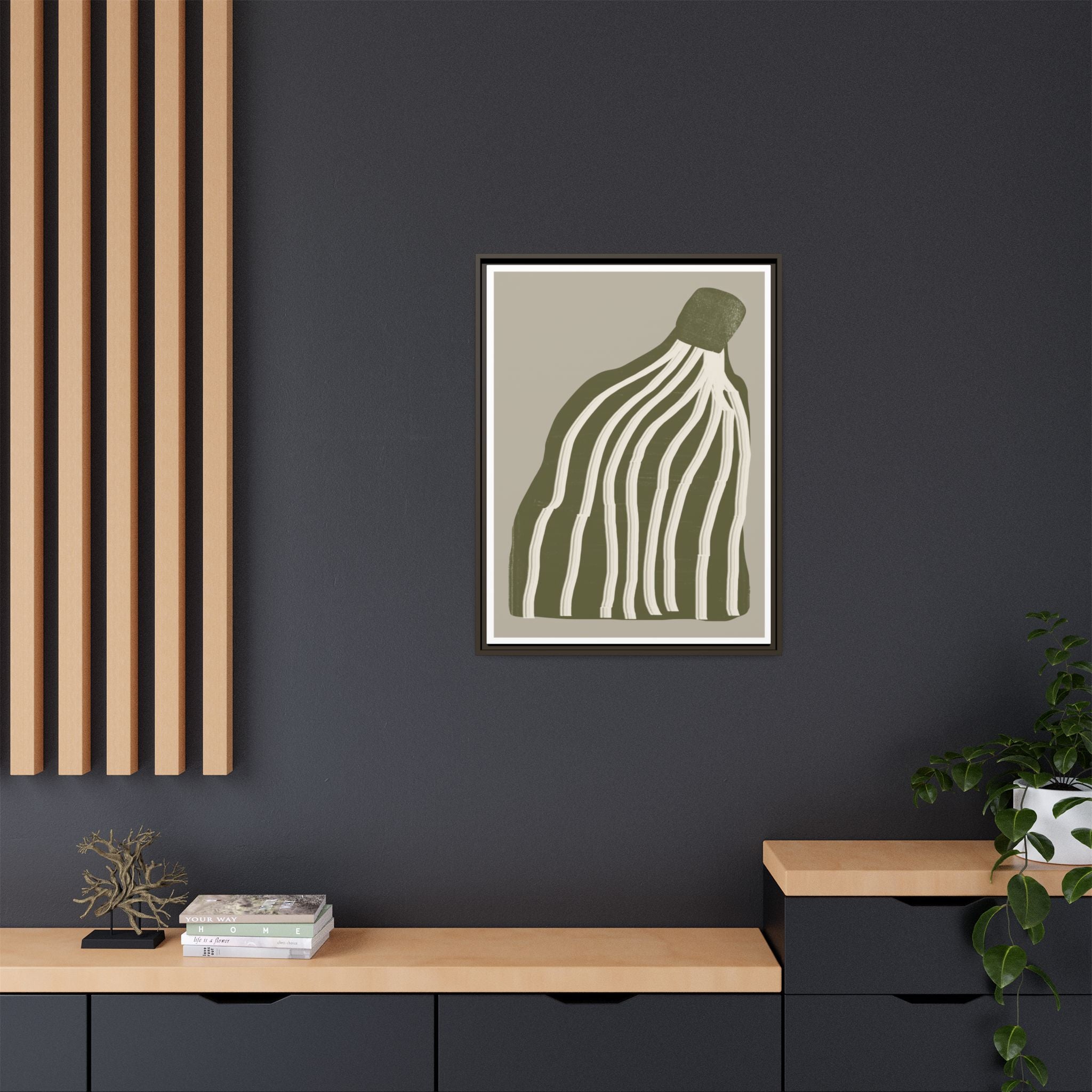 Olive Cascade Curves - Framed