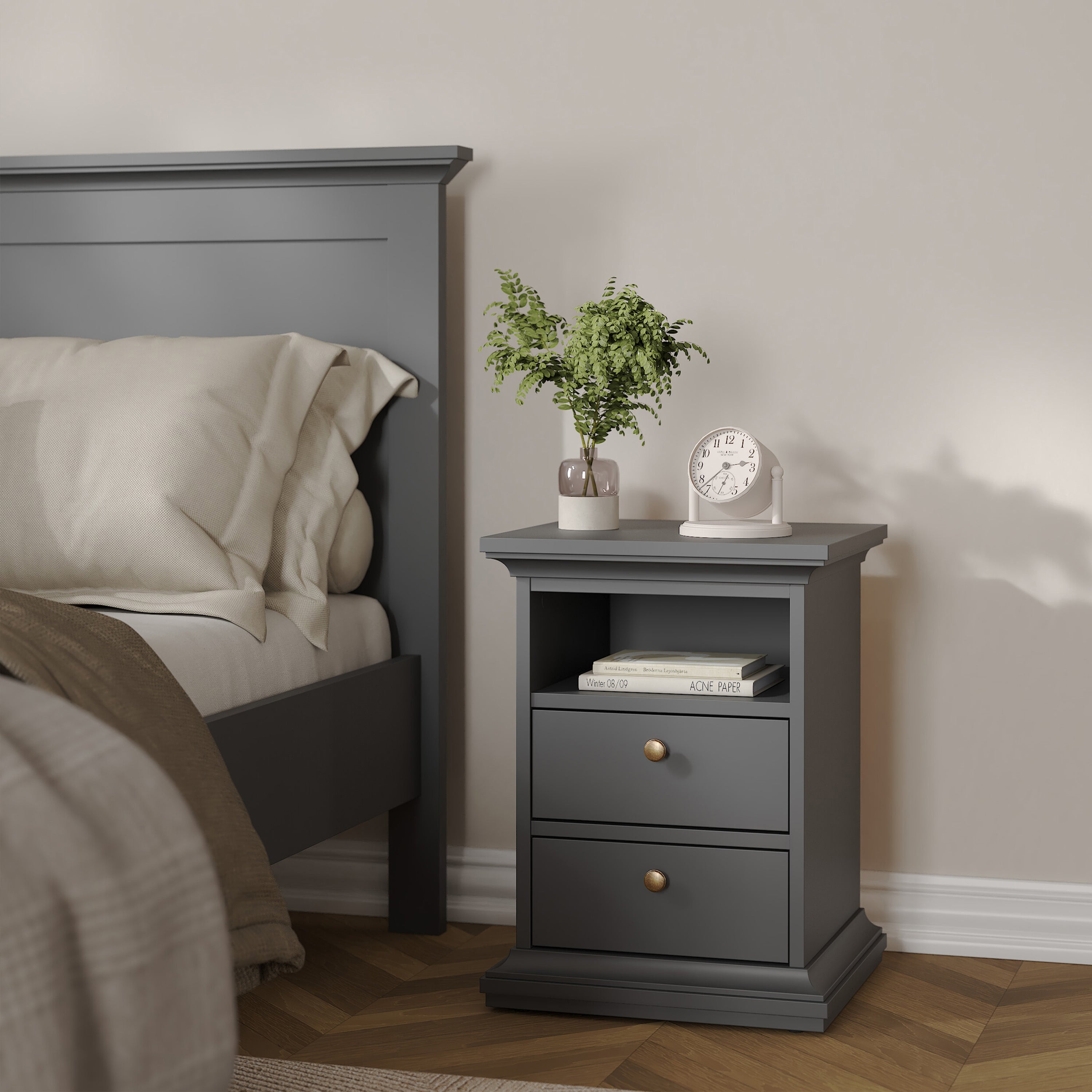 Paris Package - Bedside 2 Drawers + Chest of 4 Drawers + Wardrobe with 2 Doors Matt Grey