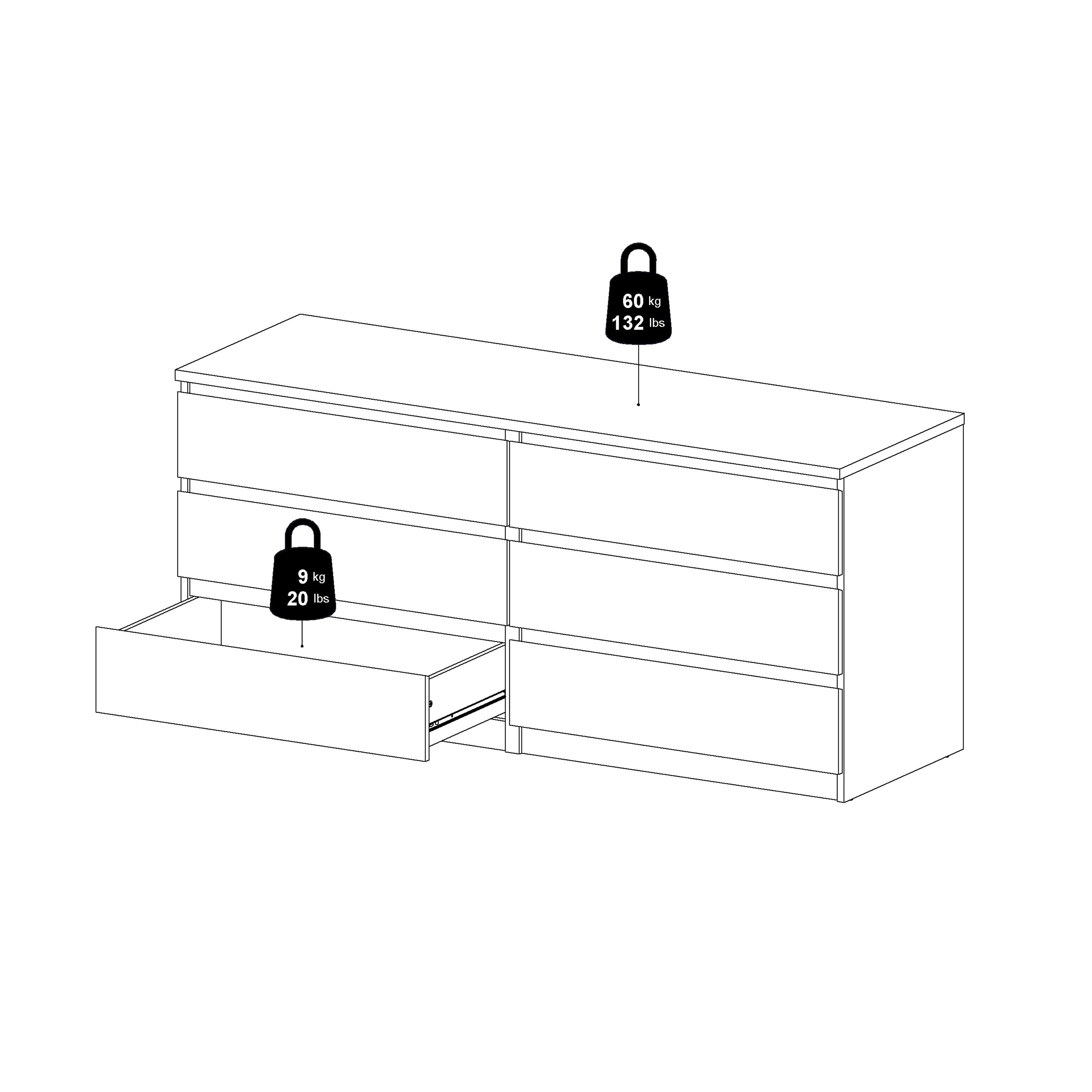 Naia Wide Chest of 6 Drawers (3+3) in White