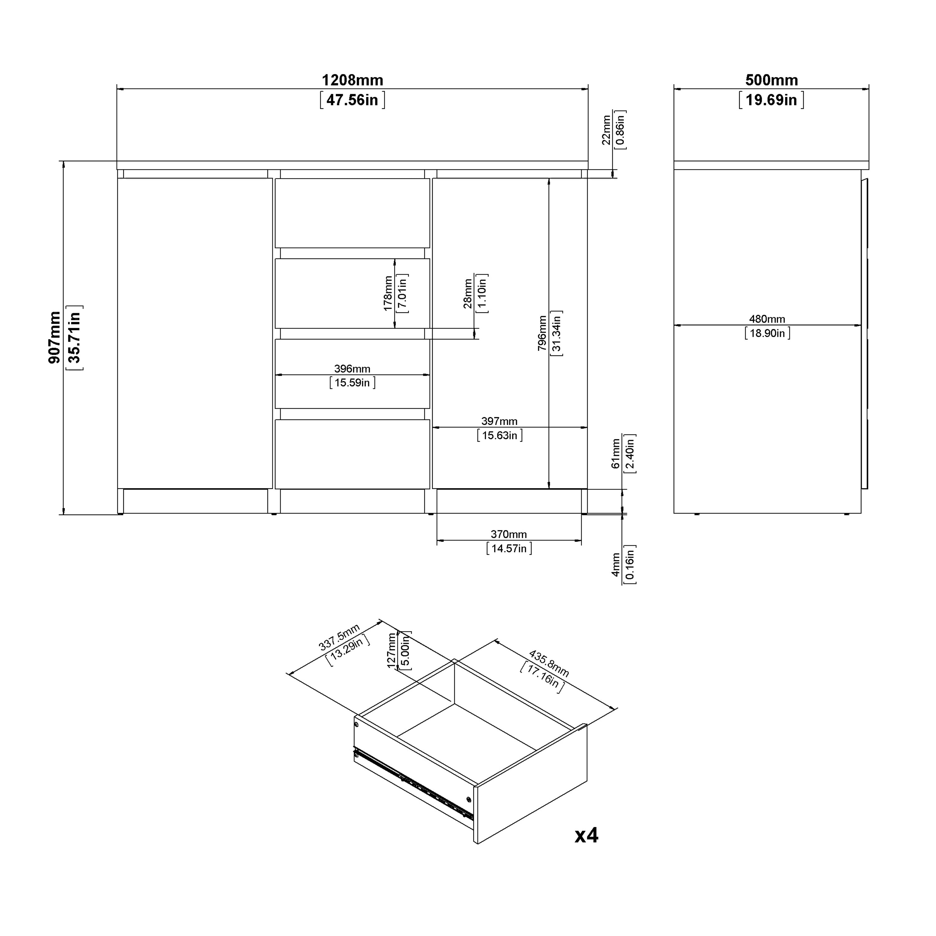 Naia Sideboard - 4 Drawers 2 Doors in White High Gloss