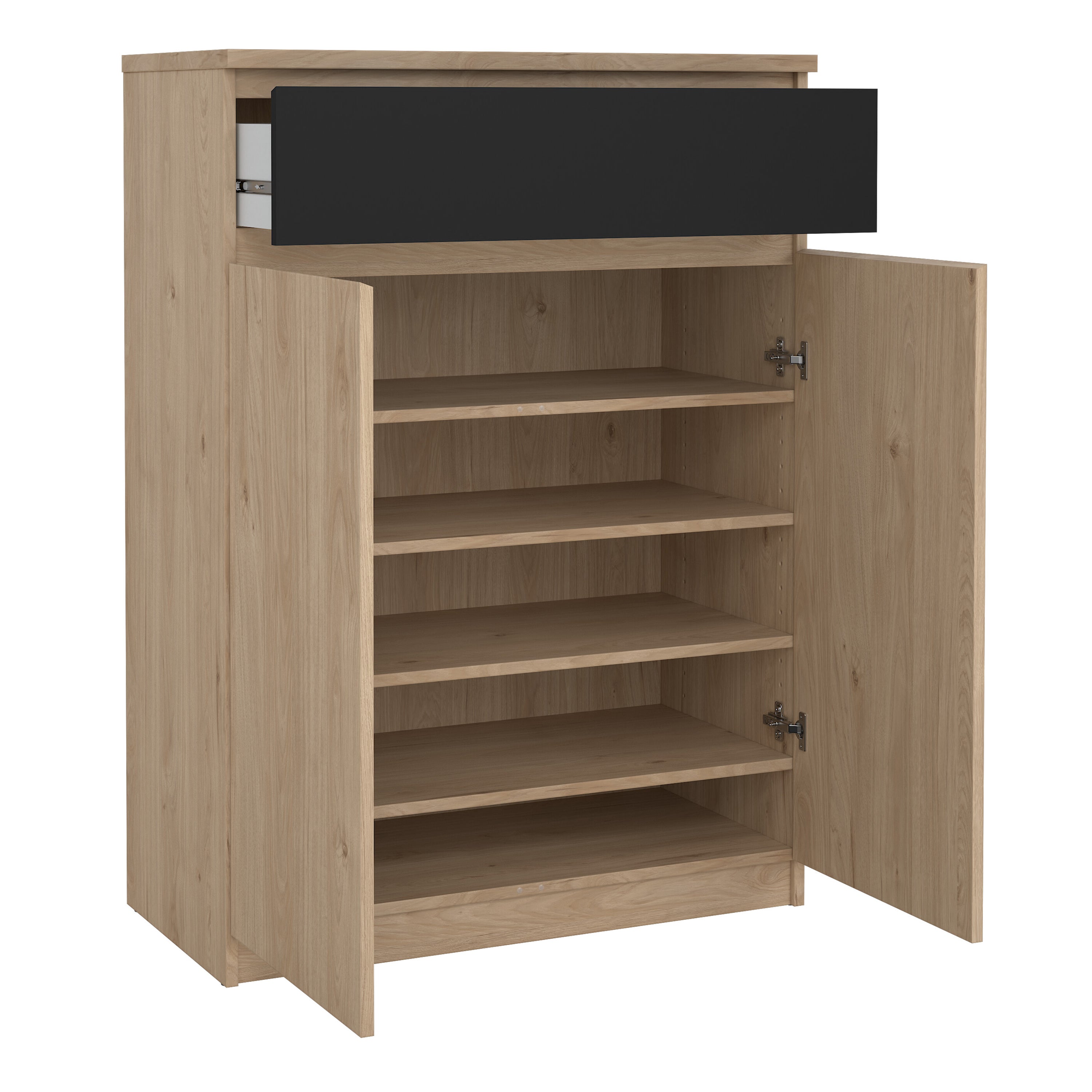 Naia Shoe Cabinet with 2 Doors 1 Drawer in Jackson Hickory Oak and Black
