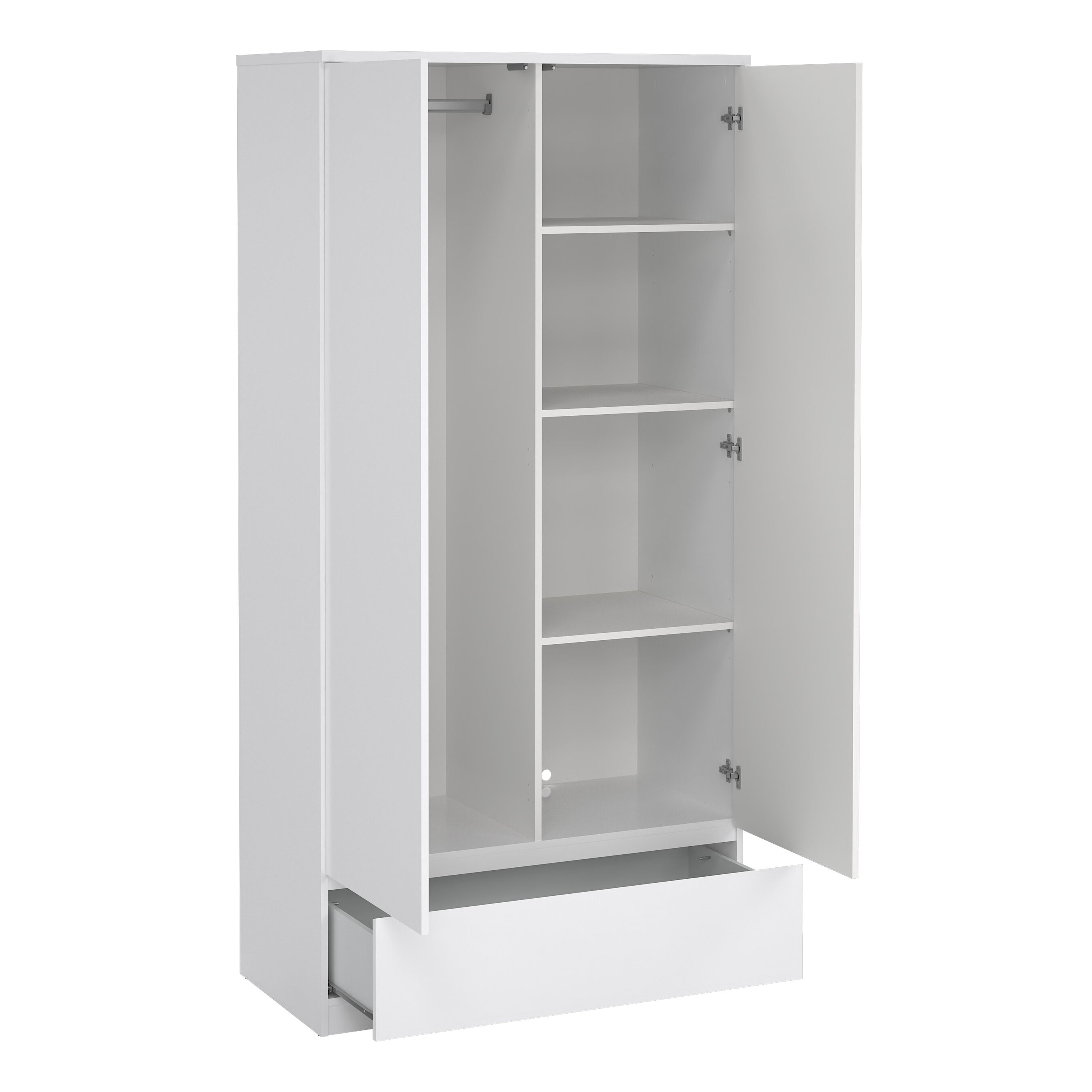 Naia Package - Bedside 3 Drawers + Chest of 5 Drawers + Wardrobe with 2 Doors + 1 Drawer in White High Gloss