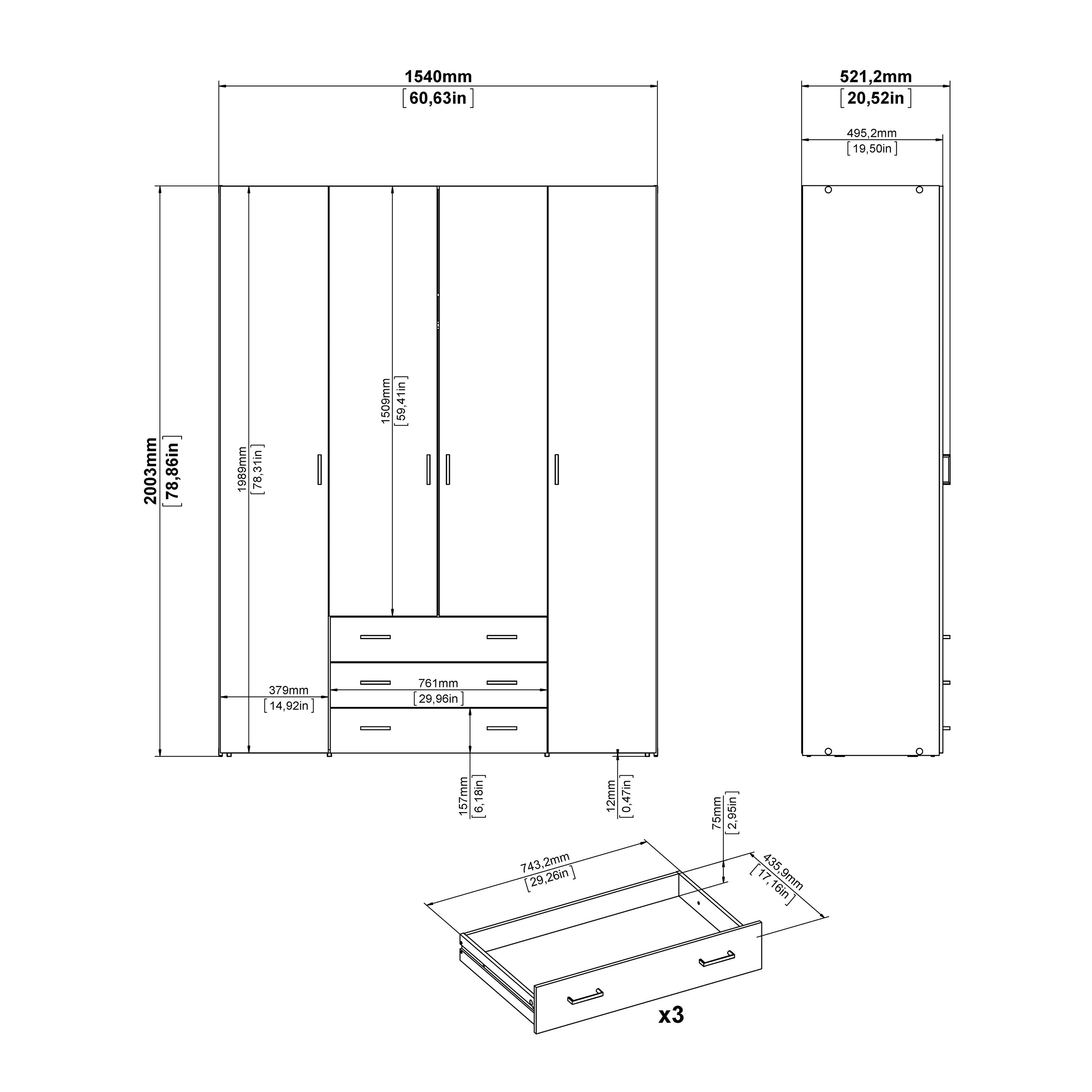 Space Wardrobe 4 Doors 3 Drawers in White 2000