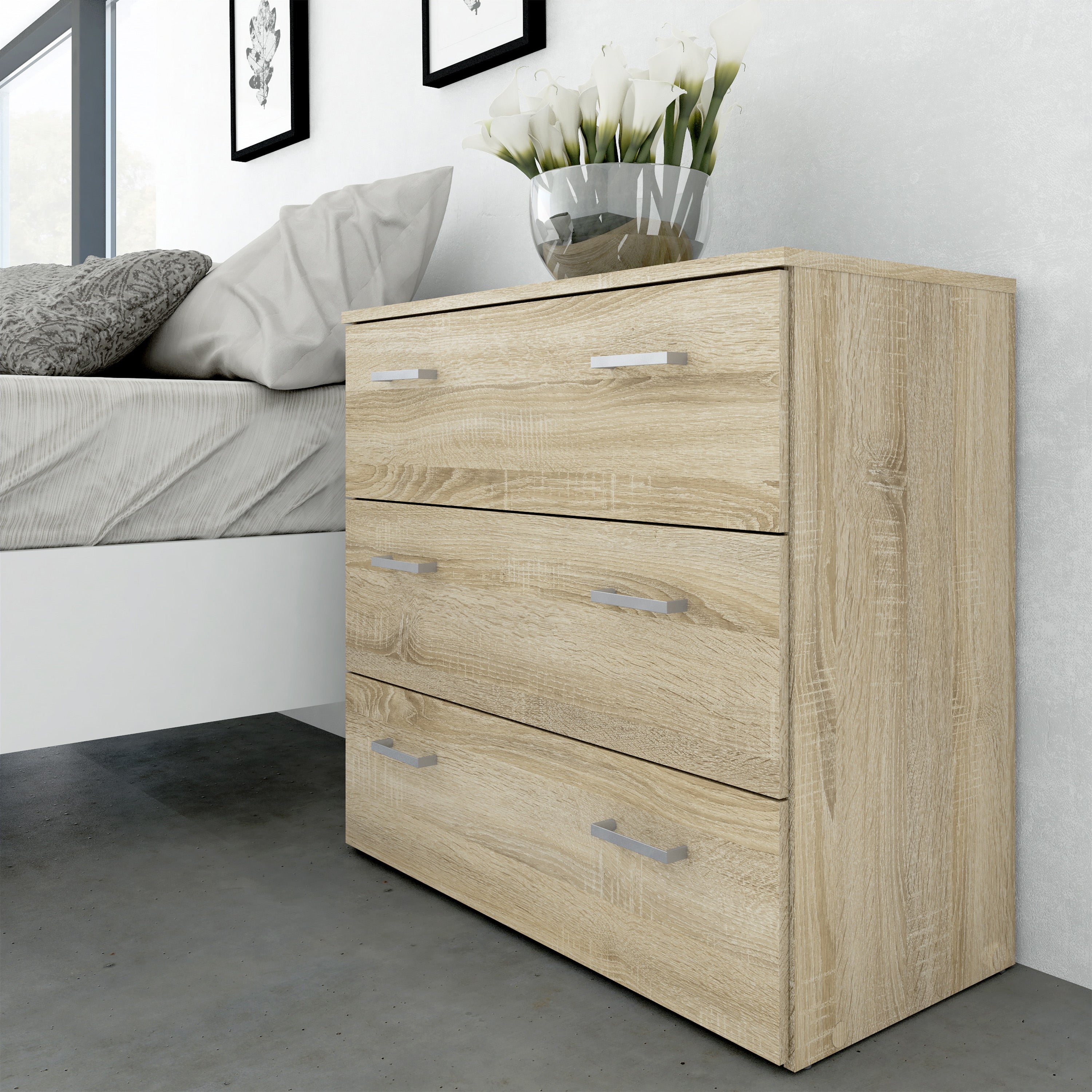 Space Package - Bedside 1 Drawer + Chest of 3 Drawers + Wardrobe with 2 Doors + 1 Drawer in Oak