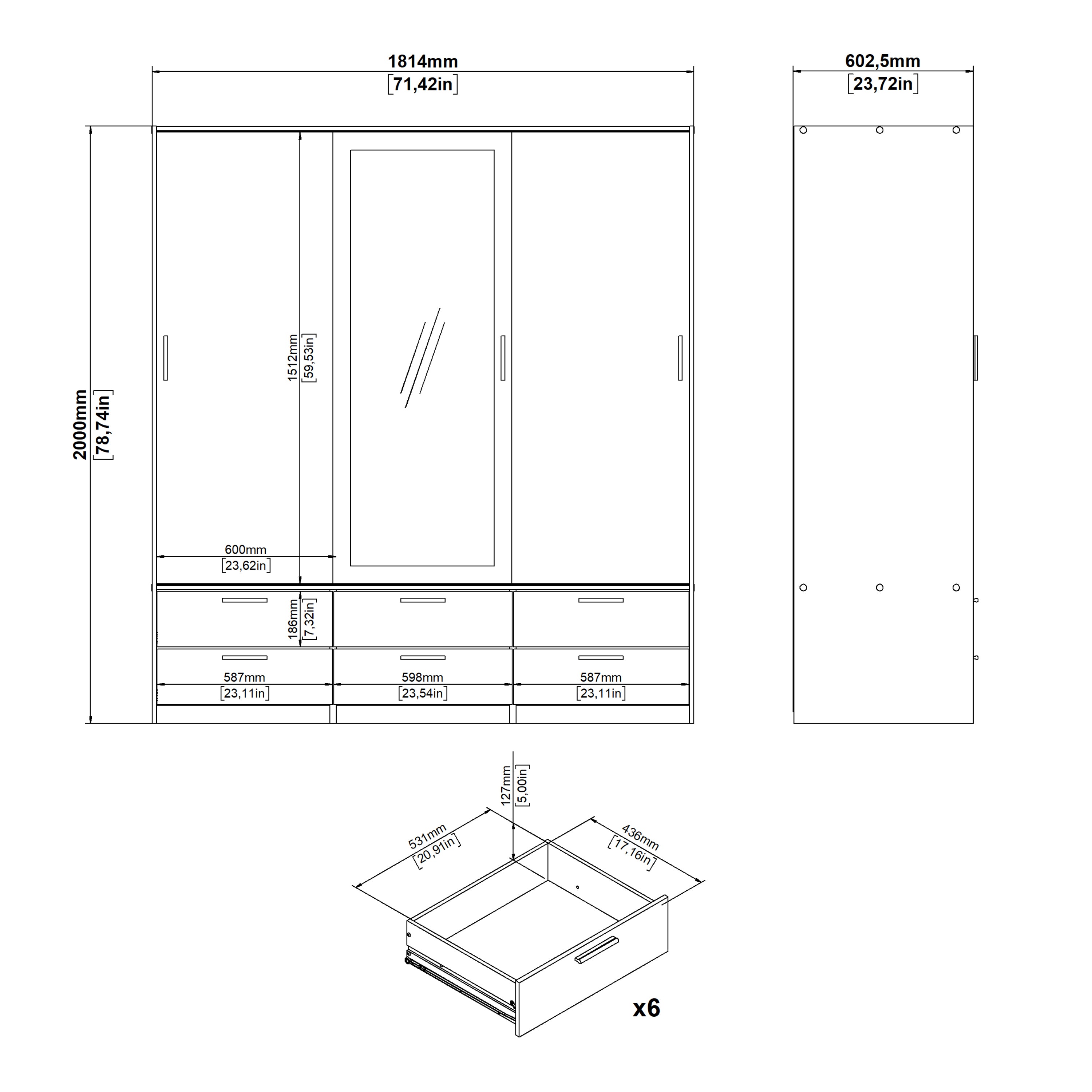Line Wardrobe 3 Doors 6 Drawers in Oak with White High Gloss