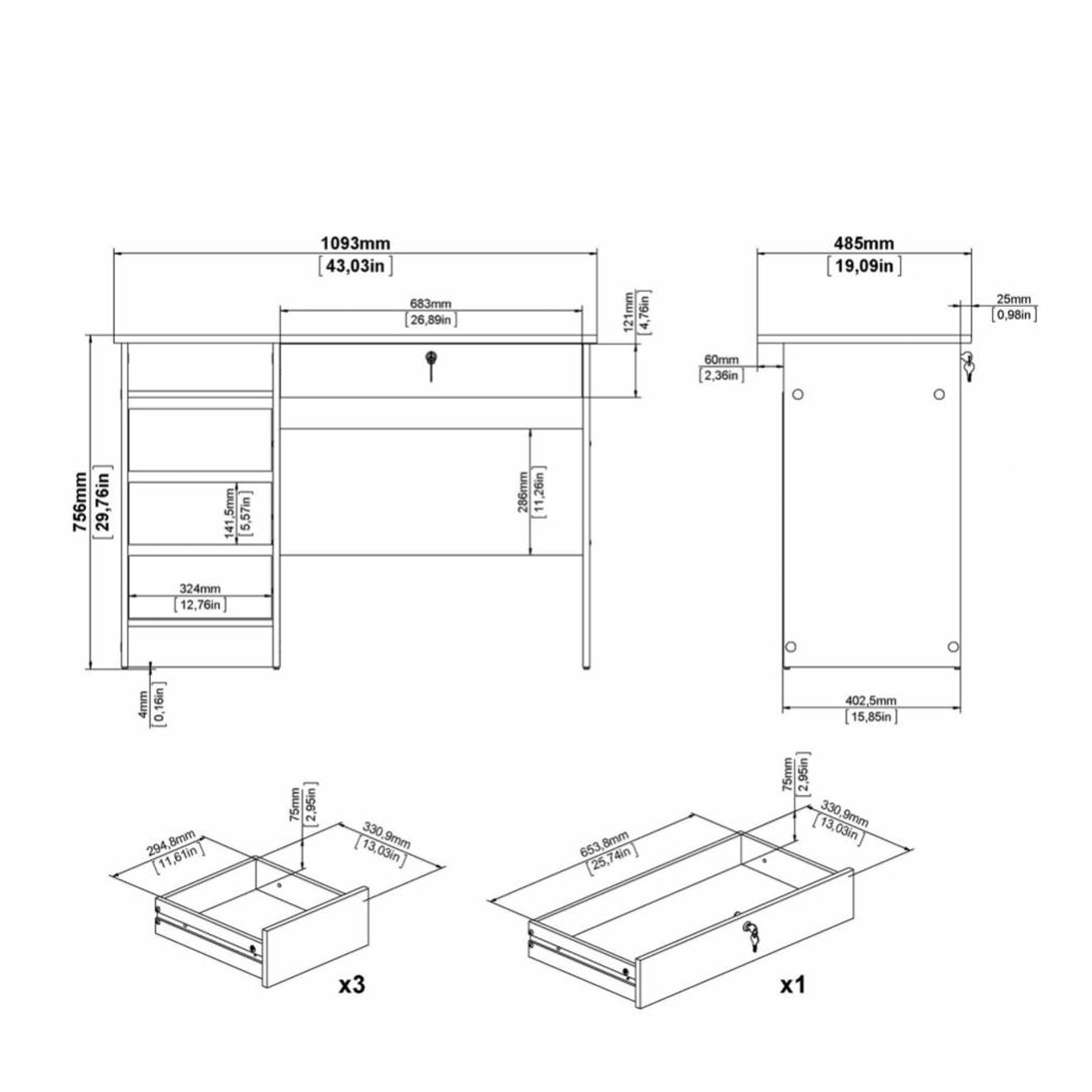 Function Plus 4 Drawer Desk Handleless Drawer in White