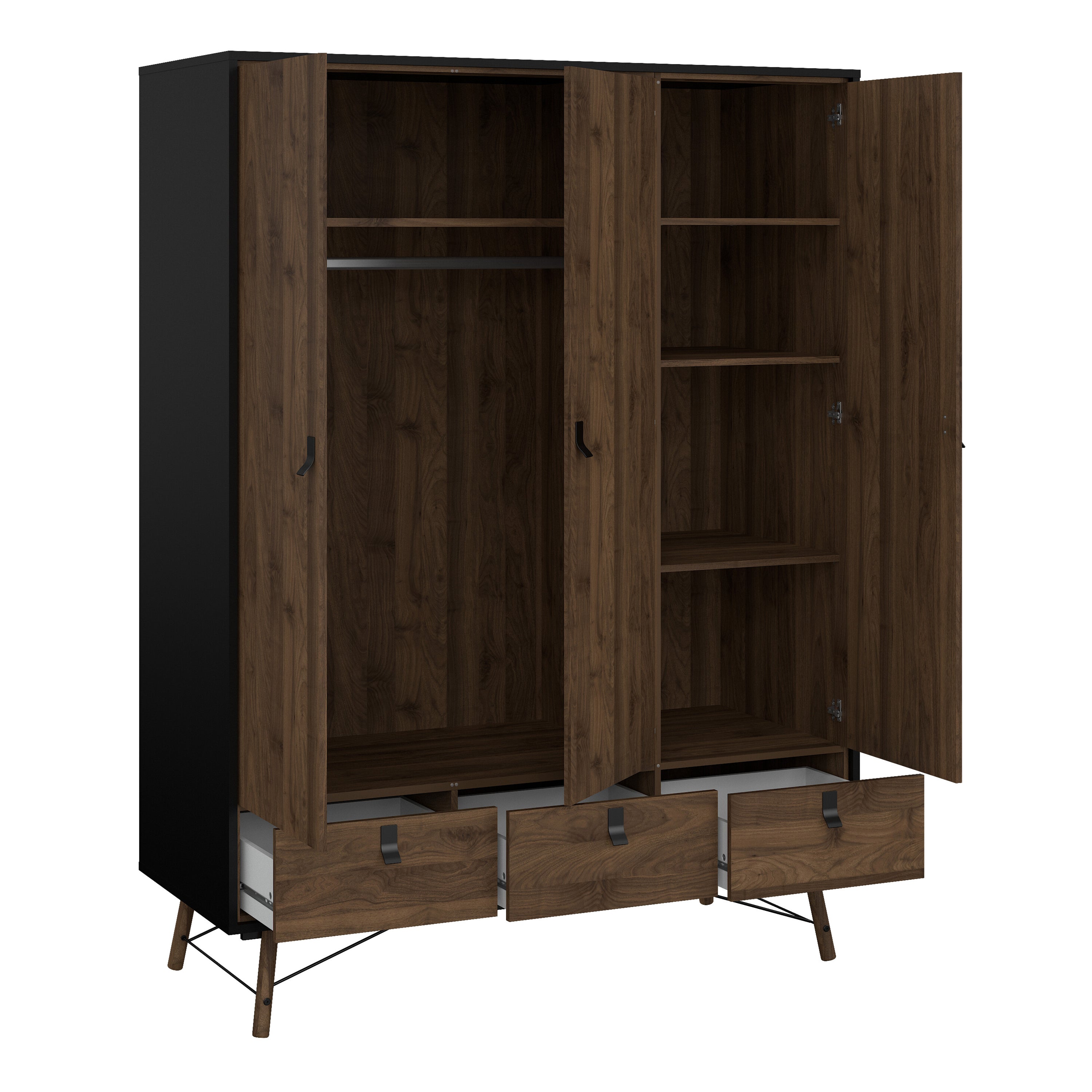 Ry Package - Wardrobe 3 Doors + 3 Drawers + Double chest 6 Drawers + Bedside Cabinet 2 Drawers in Matt Black Walnut