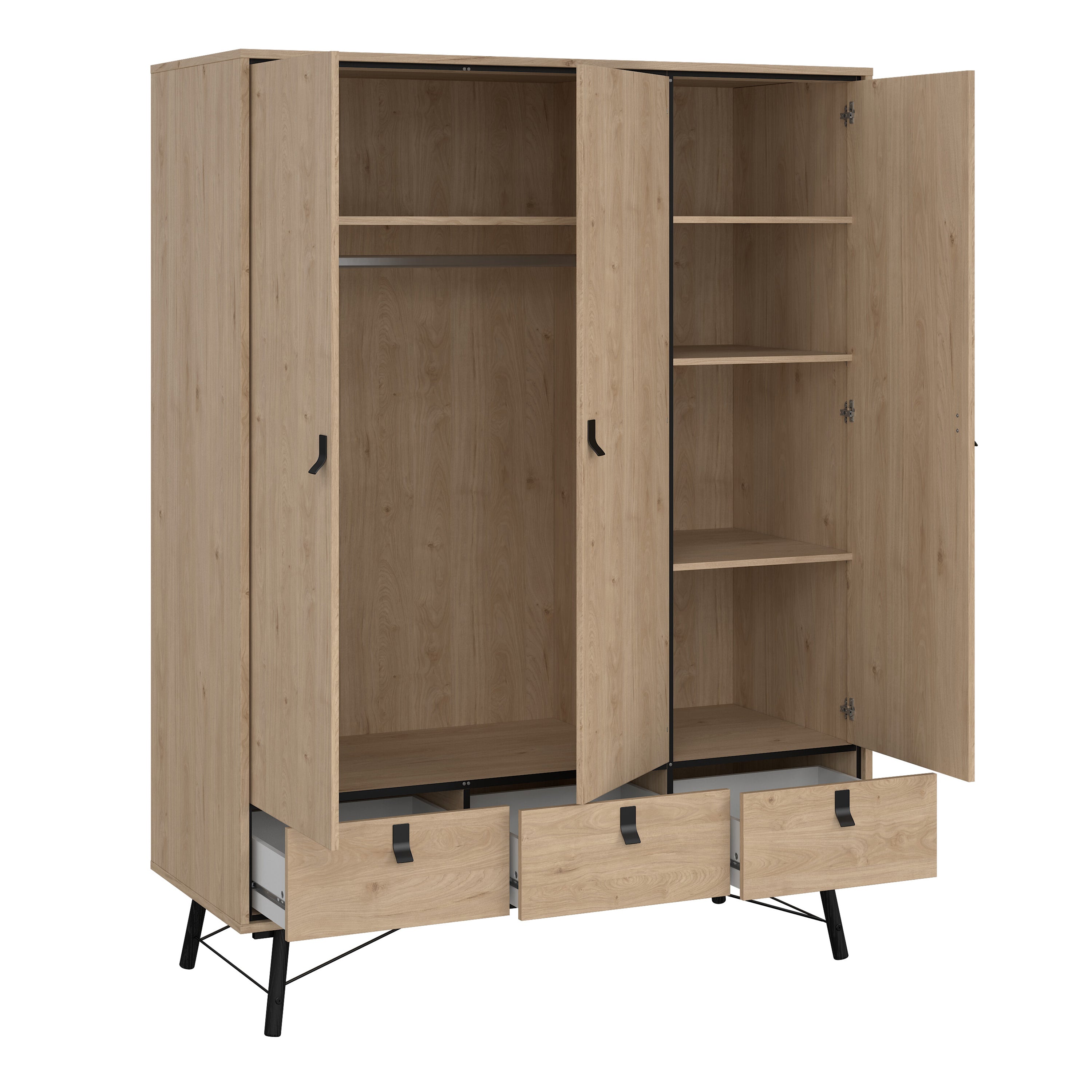 Ry Package - Wardrobe 3 Doors + 3 Drawers + Double Chest 6 Drawers + Bedside Cabinet 2 Drawers in Jackson Hickory Oak
