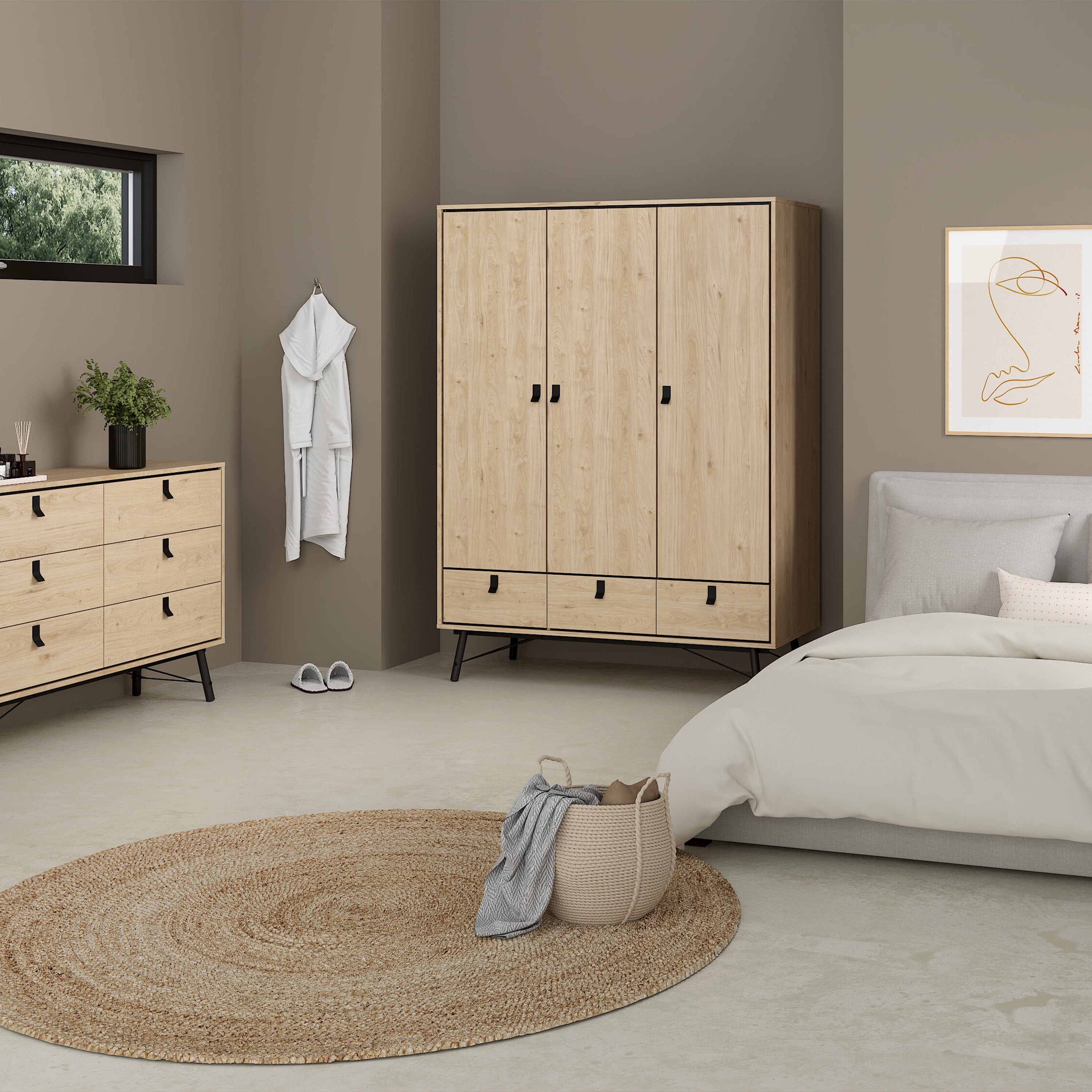 Ry Package - Wardrobe 3 Doors + 3 Drawers + Double Chest 6 Drawers + Bedside Cabinet 2 Drawers in Jackson Hickory Oak