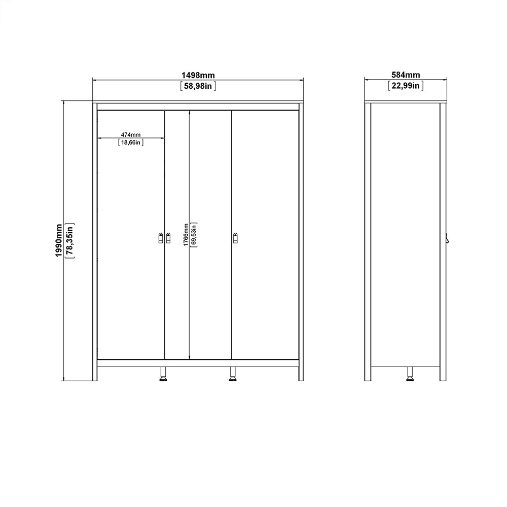 Barcelona Package - Bedside Table 2 Drawers + Chest 5 Drawers + Wardrobe with 2 Doors in White
