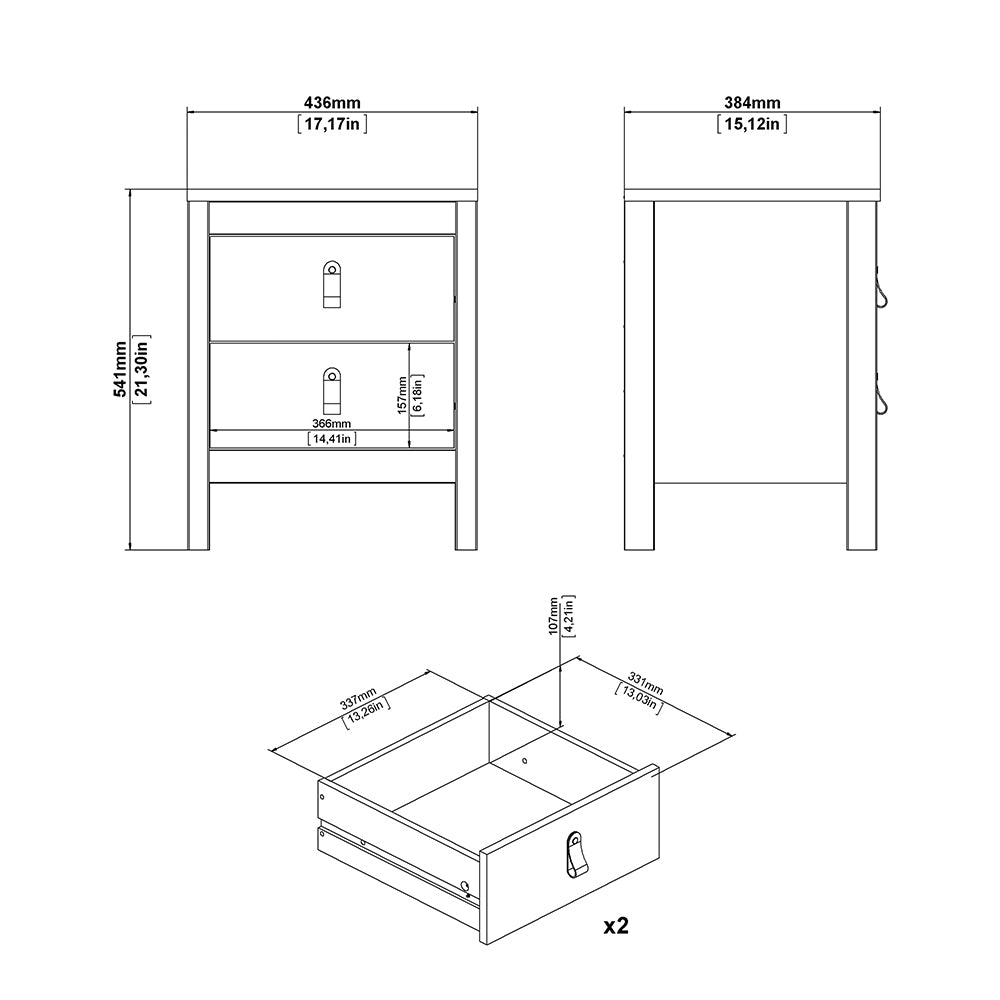 Barcelona Package - Bedside Table 2 Drawers + Chest 5 Drawers + Wardrobe with 2 Doors in White