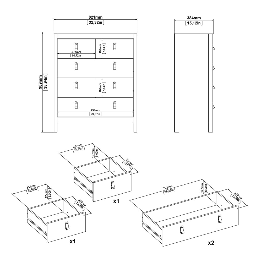 Barcelona Package - Bedside Table 2 Drawers + Chest 5 Drawers + Wardrobe with 2 Doors in Matt Black
