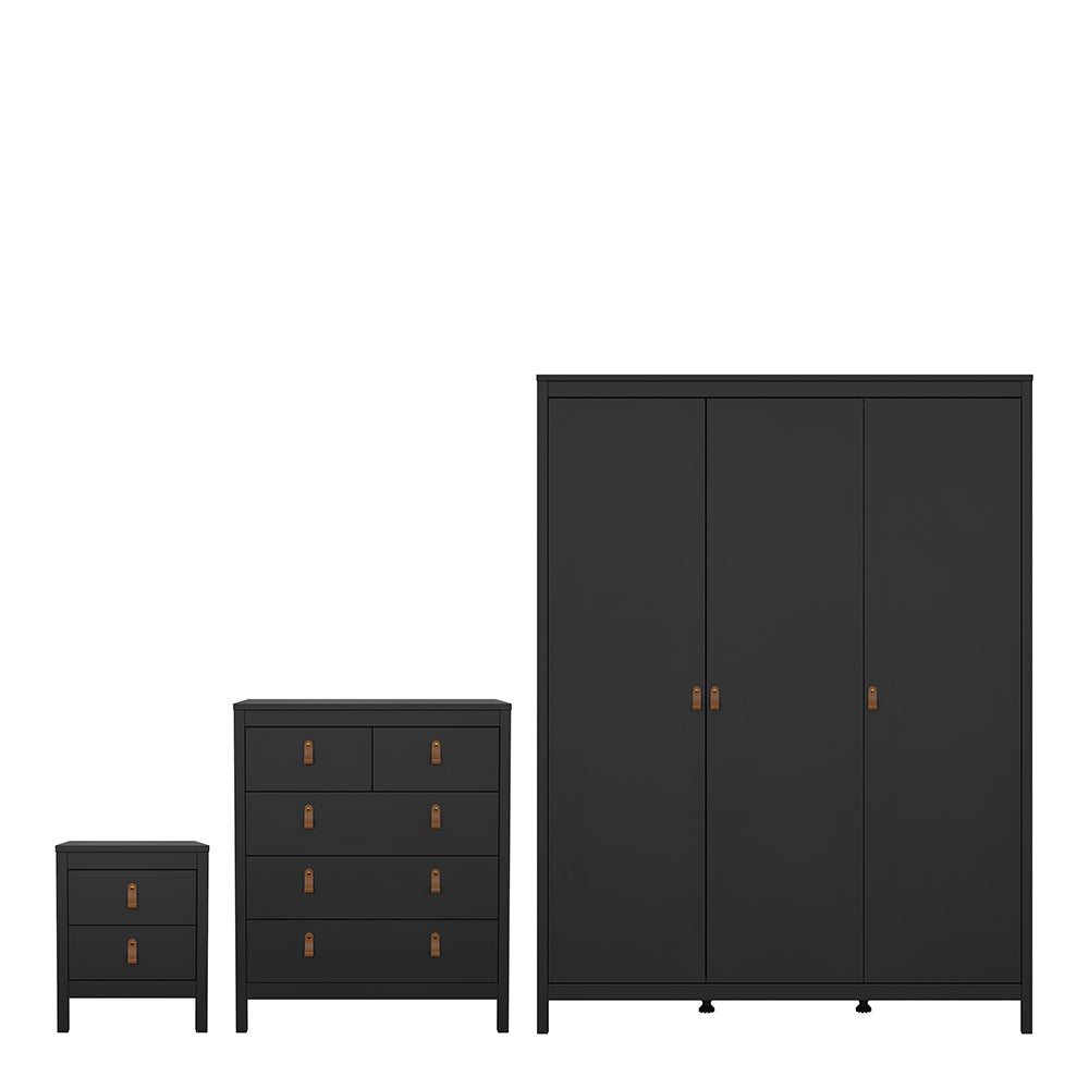 Barcelona Package - Bedside Table 2 Drawers + Chest 5 Drawers + Wardrobe with 3 Doors in Matt Black