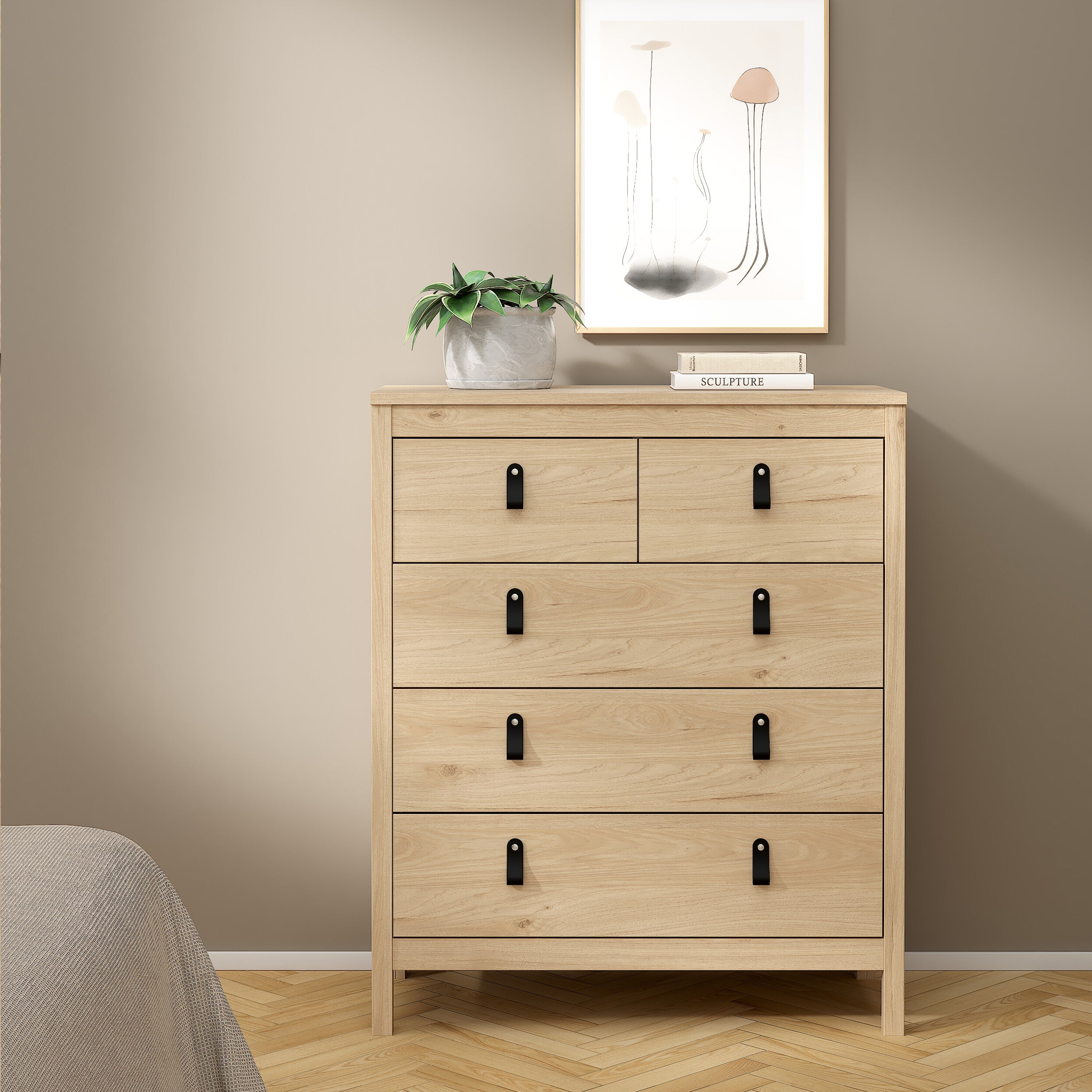Barcelona Package - Bedside Table 2 Drawers + Chest 5 Drawers + 2 Door Wardrobe in Jackson Hickory Oak