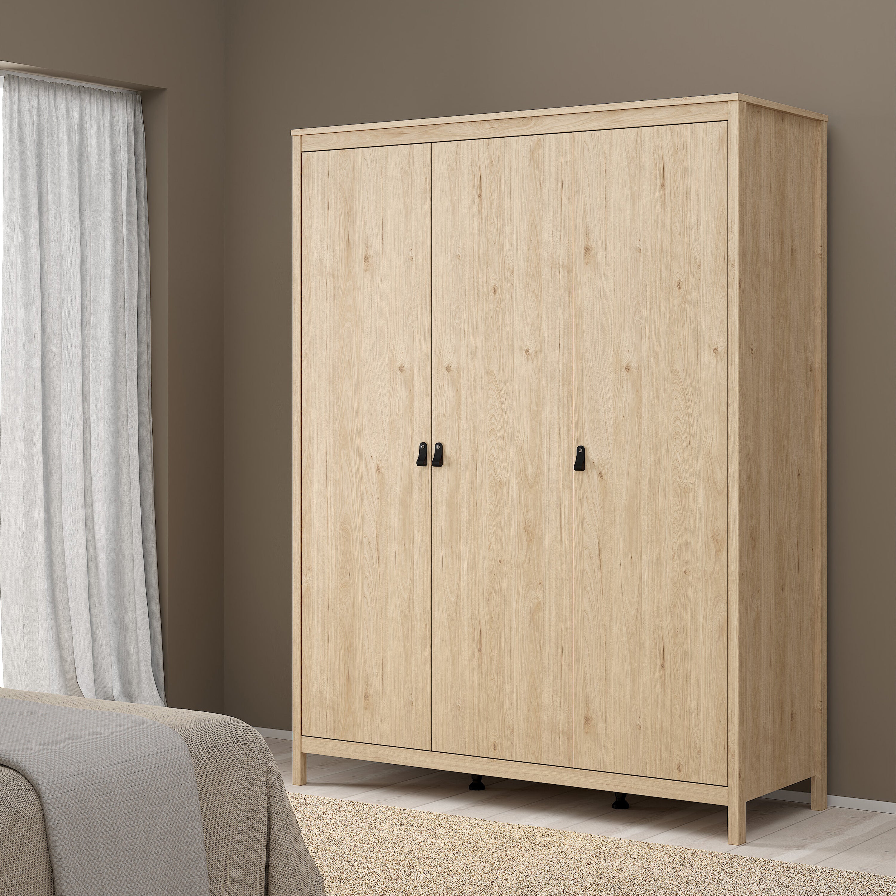 Barcelona Package - Bedside Table 2 Drawers + Chest 5 Drawers + 2 Door Wardrobe in Jackson Hickory Oak