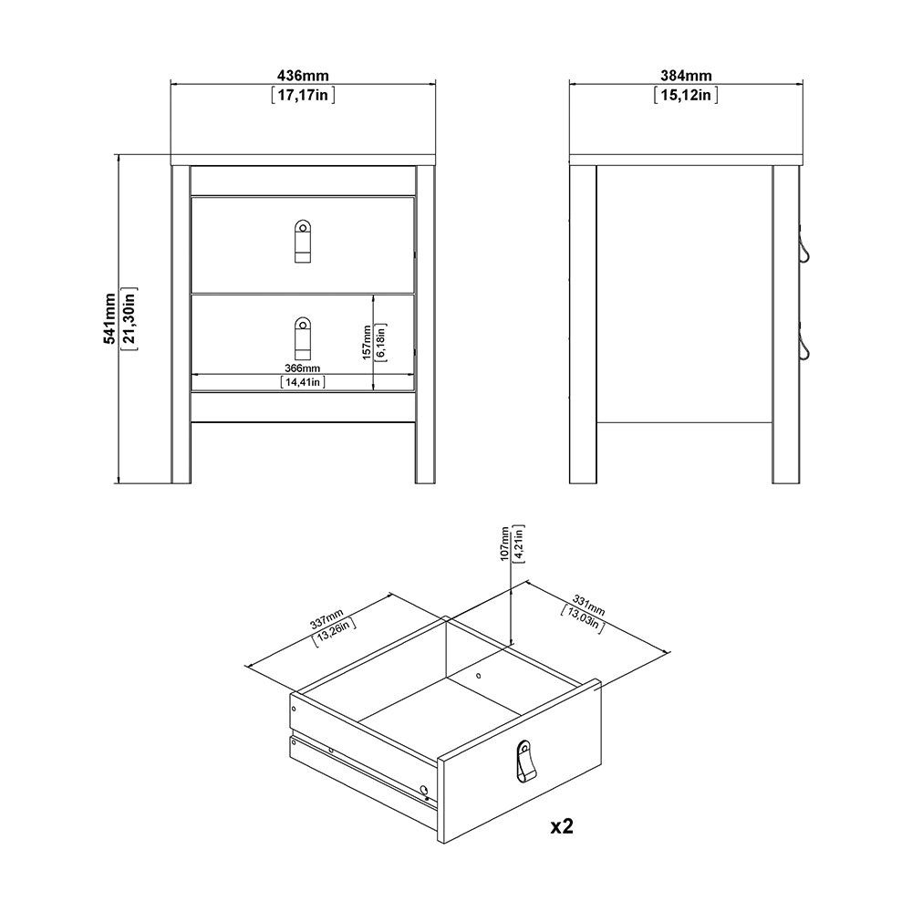 Madrid Package - Bedside Table 2 Drawers + Chest 5 Drawers + Wardrobe with 2 Doors in White