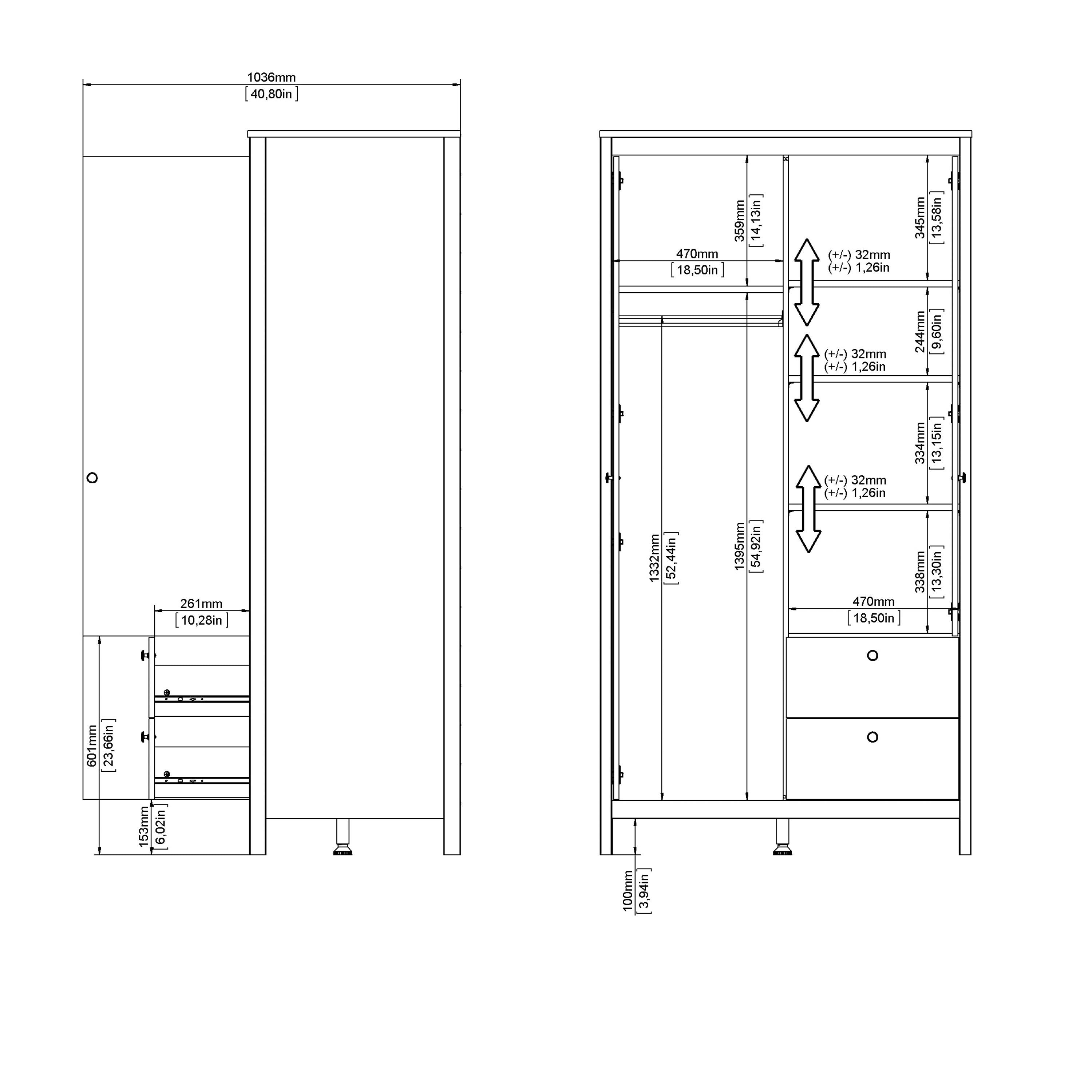 Madrid Wardrobe with 1 Door 1 Mirror Door 2 Drawers Matt Black