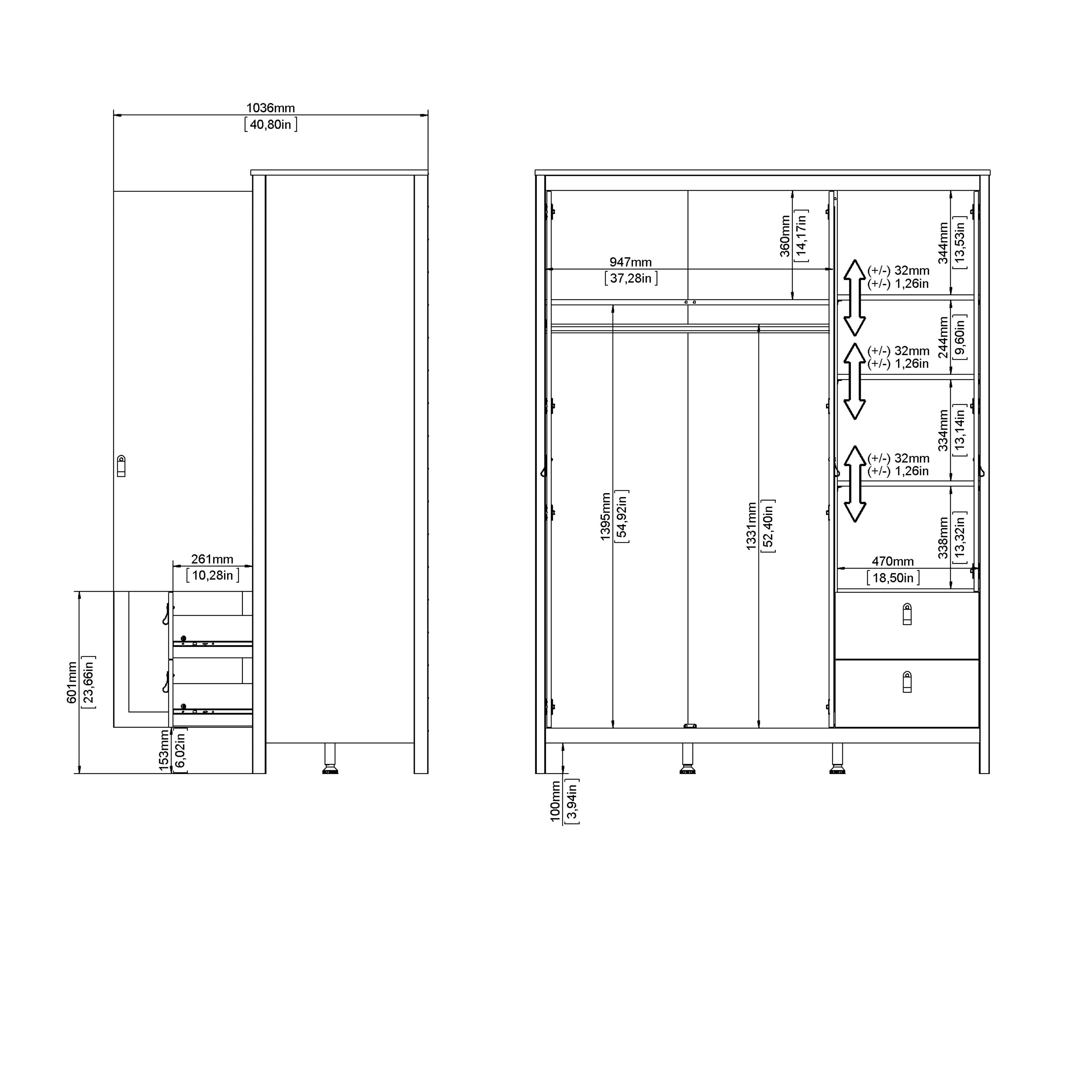 Madrid  Wardrobe with 2 Doors 1 Mirror Door 2 Drawers Matt Black