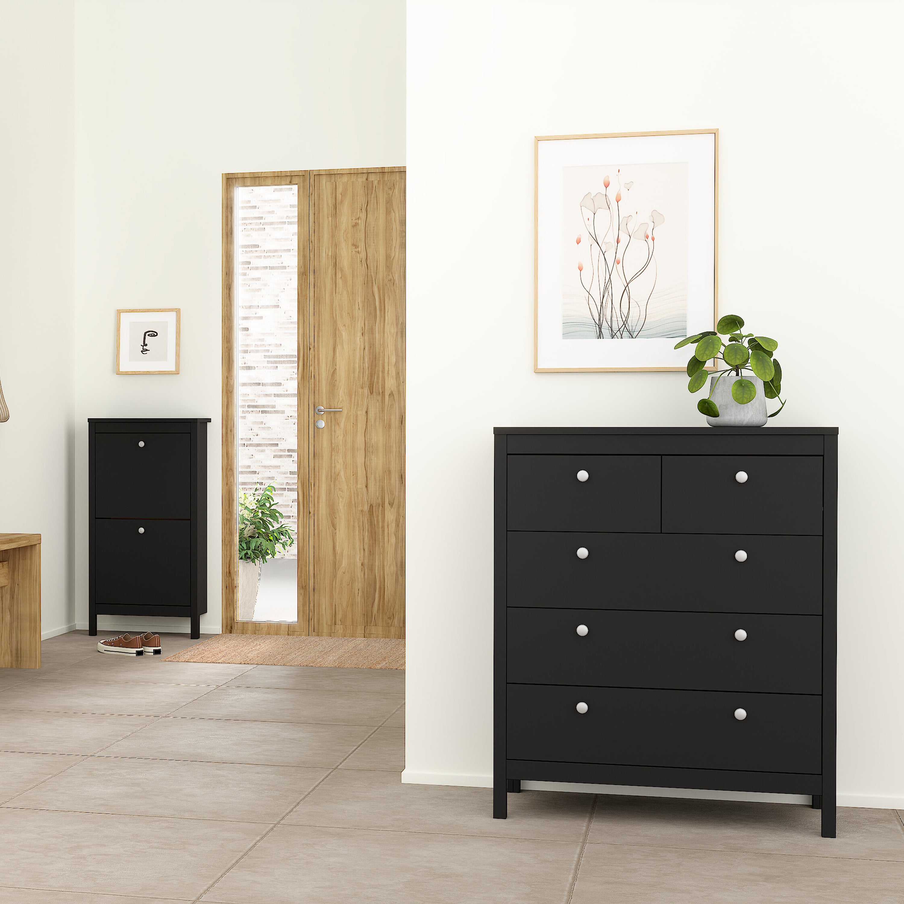 Madrid Package - Bedside Table 2 Drawers + Chest 3+2 Drawers + Wardrobe with 2 Doors in Matt Black