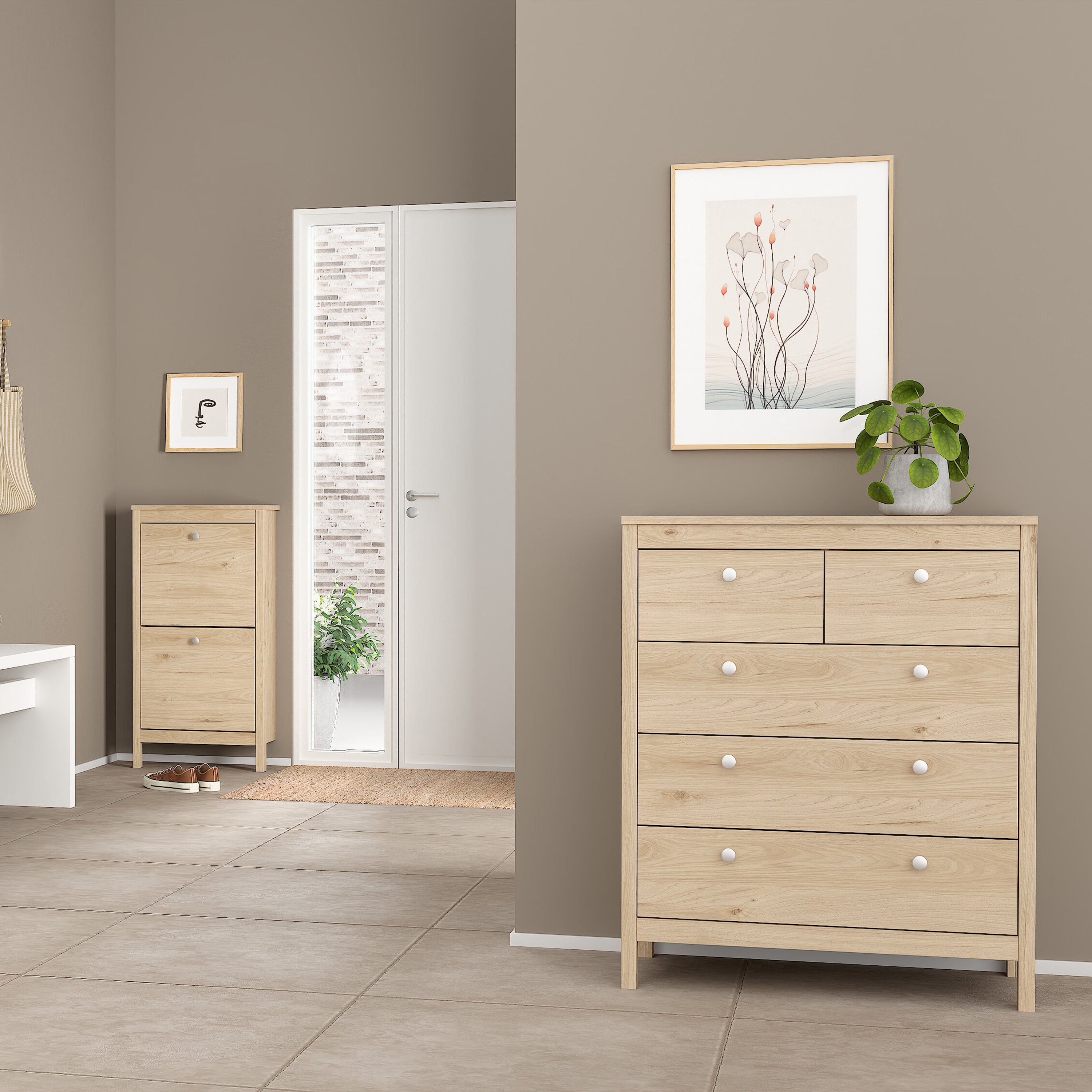 Madrid Package - Bedside Table 2 Drawers + Chest 5 Drawers + 2 Door Wardrobe in Jackson Hickory Oak