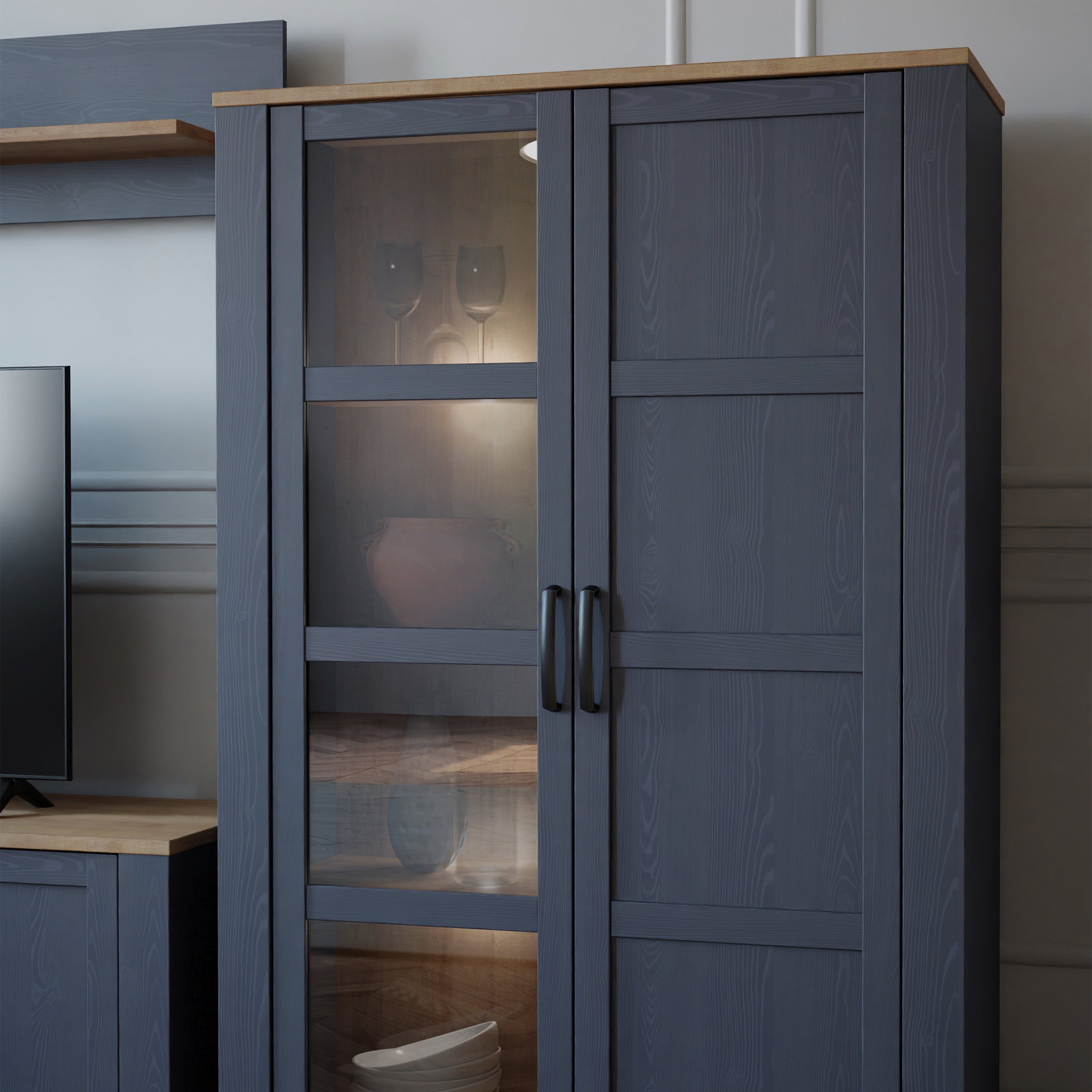 Bohol Display Cabinet inc. 2x LED Lights in Riviera Oak/Navy