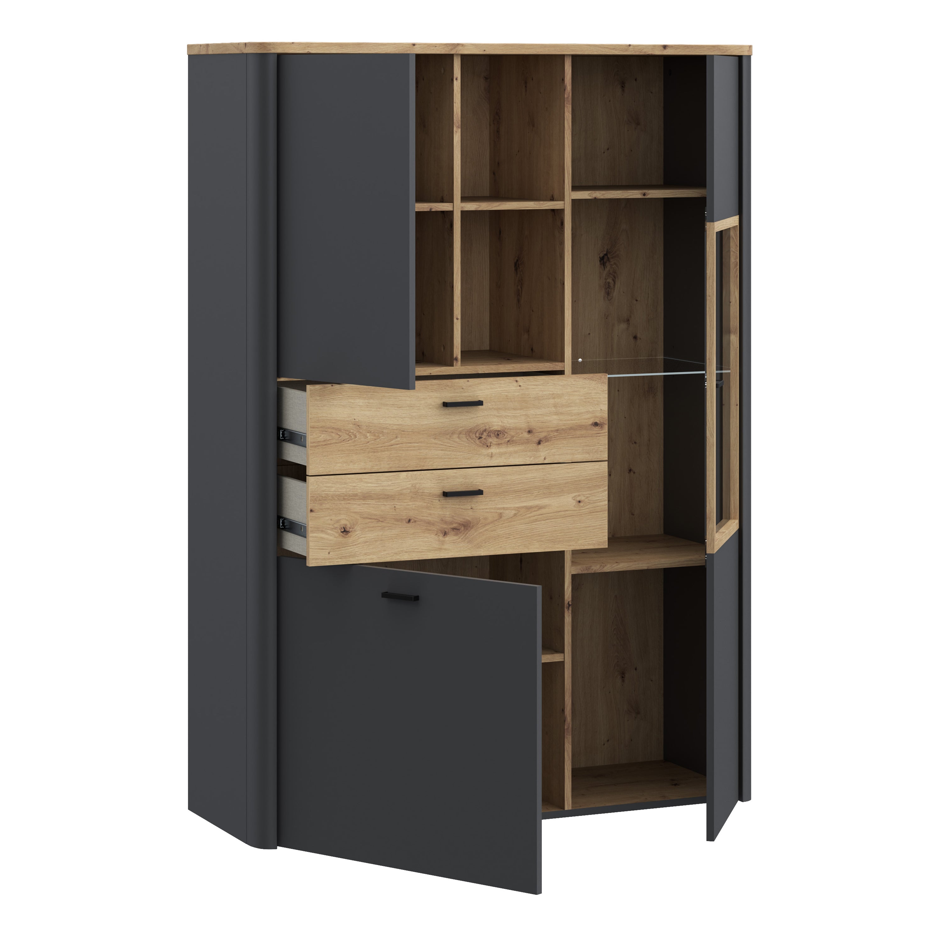 Klara Display Cabinet with 2 Door 2 Drawers and 1 Glass Door in Grey and Oak inc LED Lighting