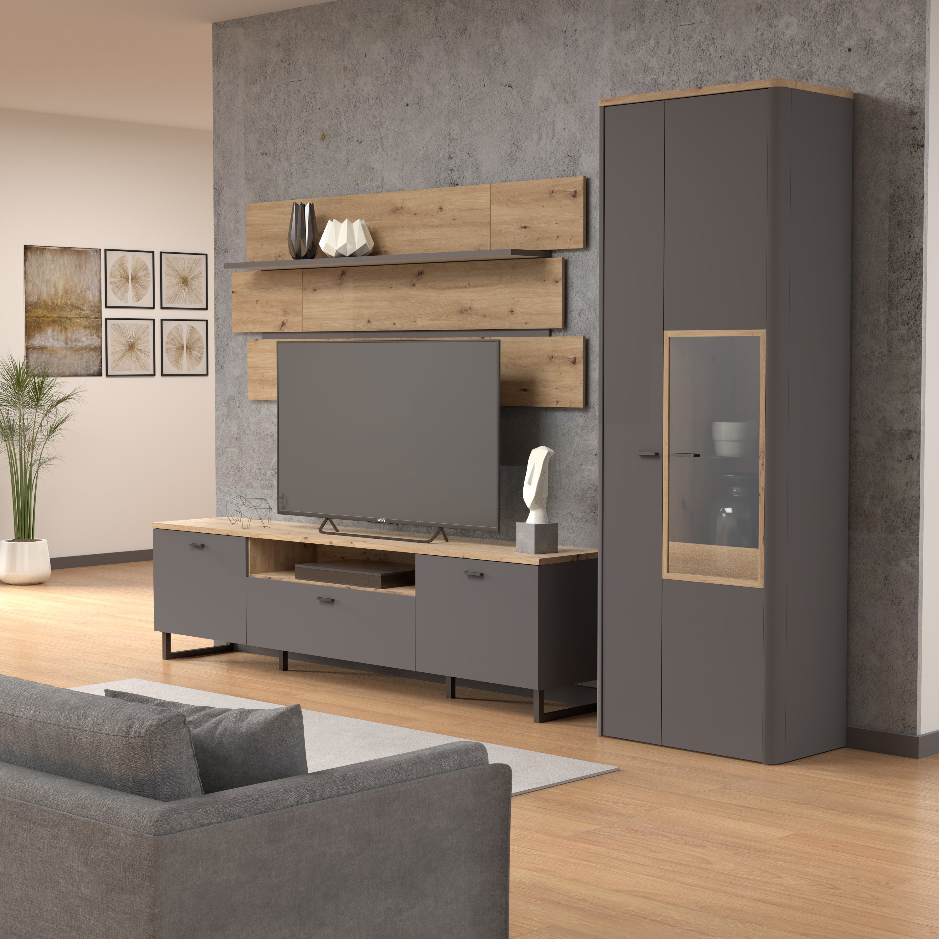 Klara Display Cabinet with 1 Door  and 1 Glass Door in Grey and Oak