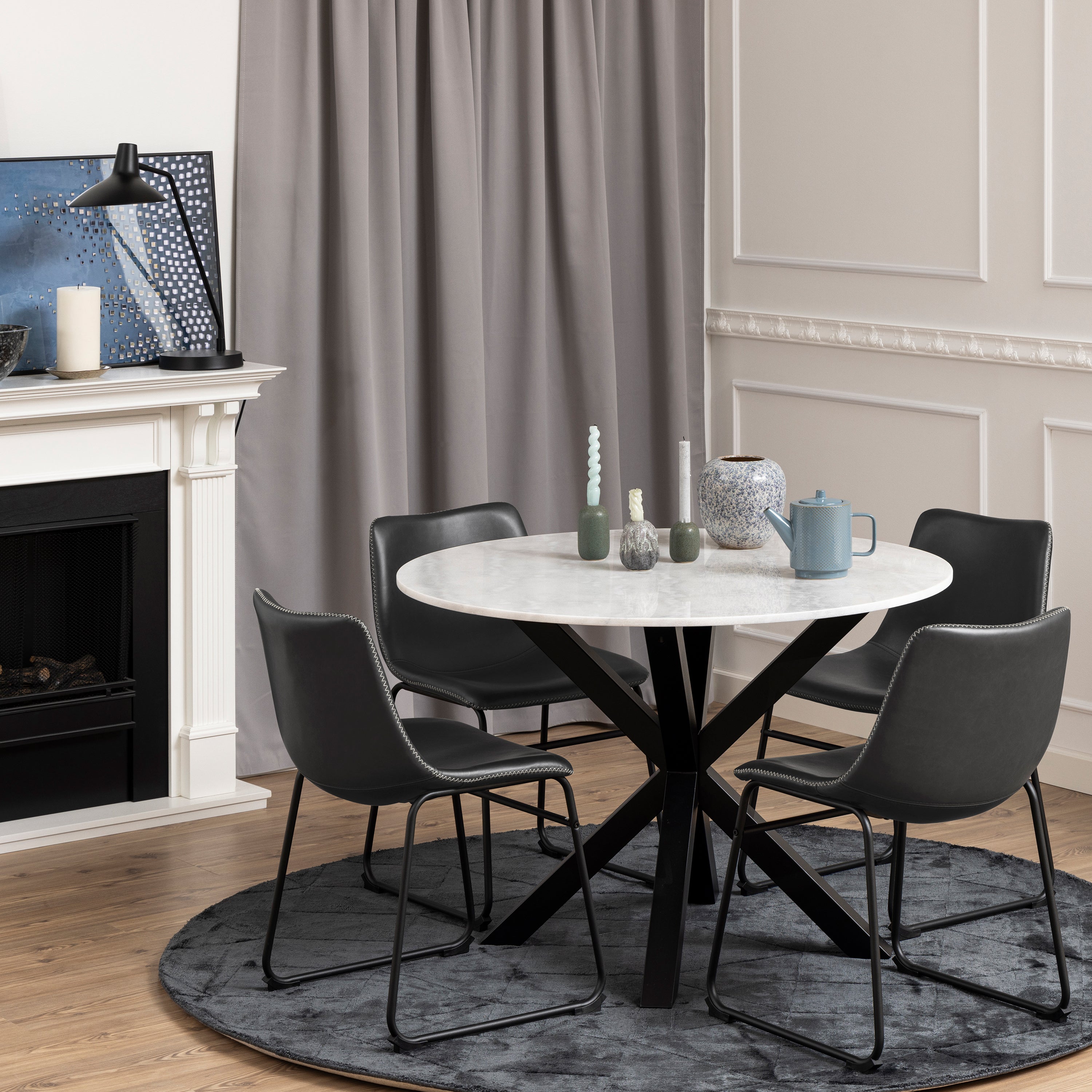 Heaven Round Dining Table with White Polished Marble Top Included 4 I_Oregon Dining Chair In Black with Cream Stitching,