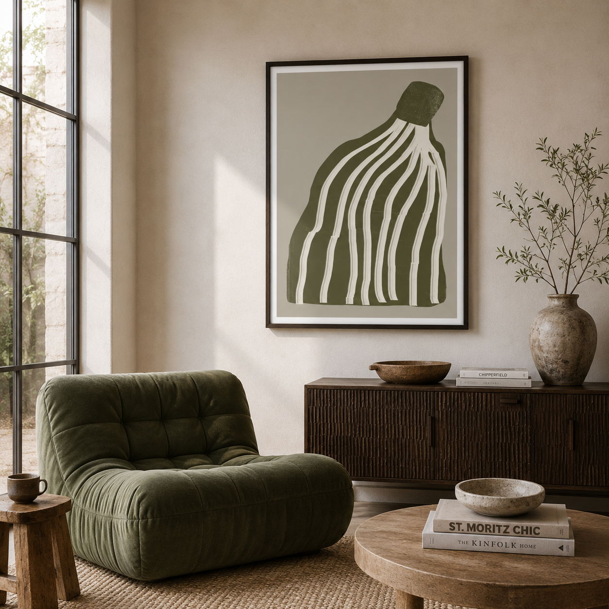 Olive Cascade Curves - Framed