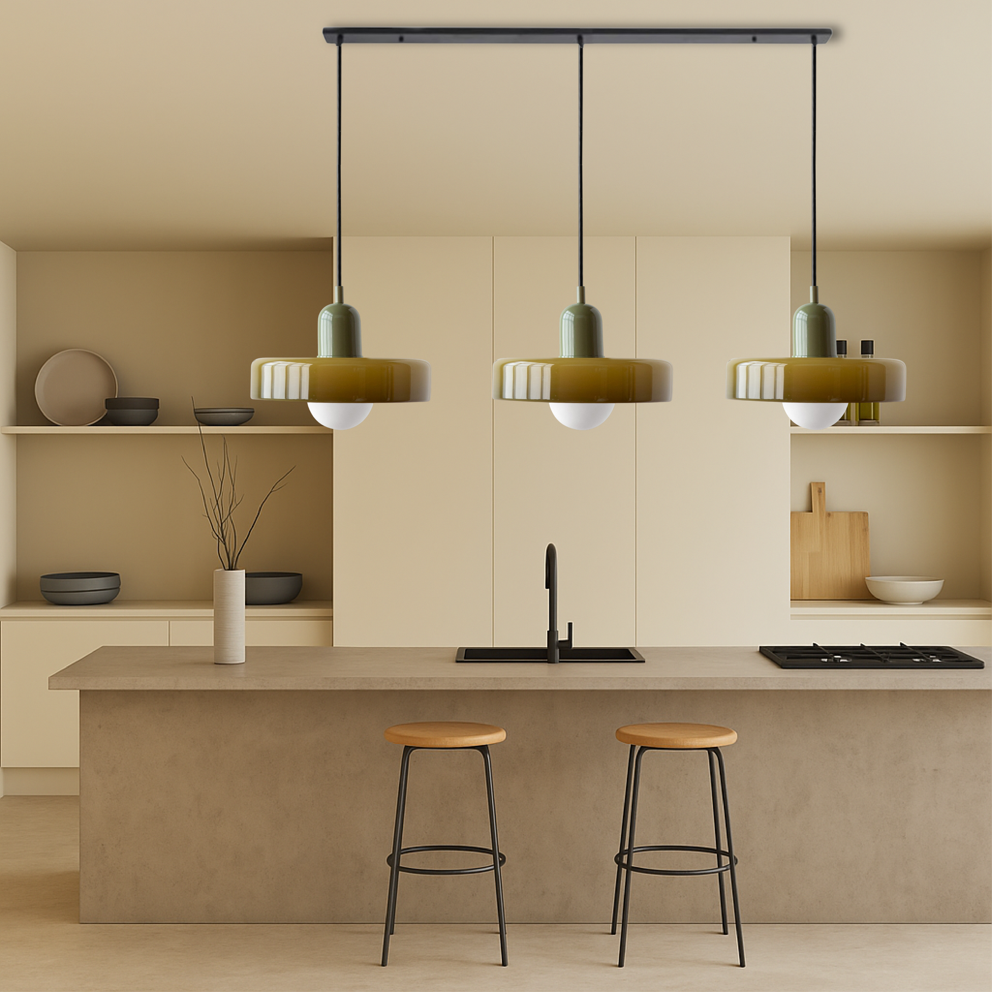 3 Head Bauhaus Colored Glass Pendant Light